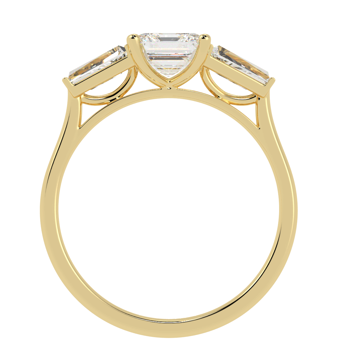Asscher &amp; Baguette Three Stone Ring in yellow gold, flat view