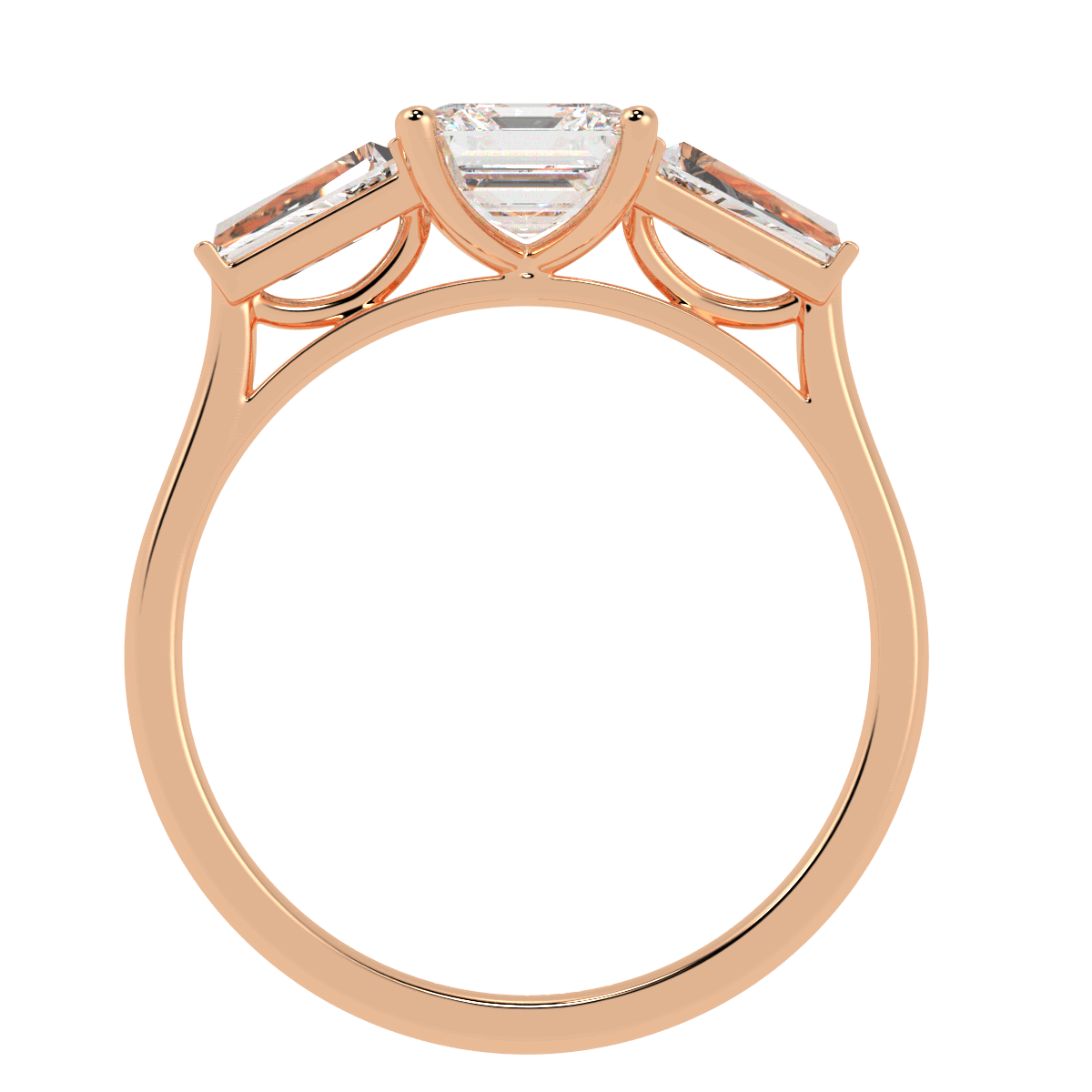 Asscher &amp; Baguette Three Stone Ring in rose gold, flat view