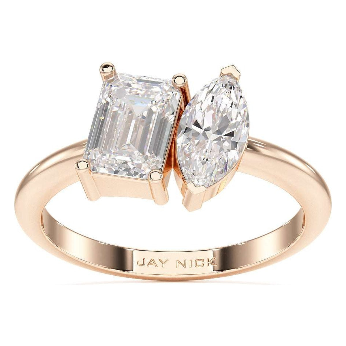 Emerald &amp; Marquise Toi et Moi Ring in rose gold