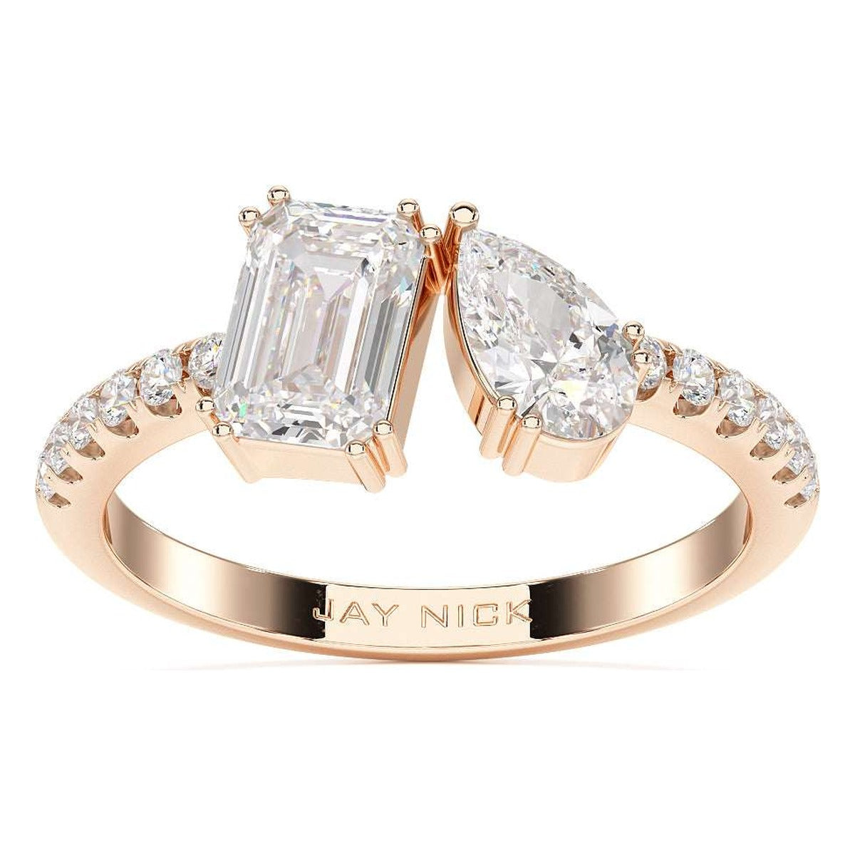 Emerald &amp; Pear Studded Shoulder Toi et Moi Ring in rose gold