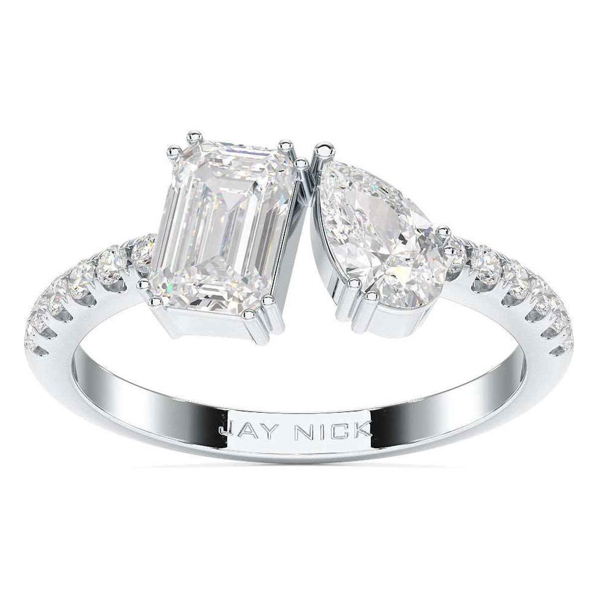 Emerald &amp; Pear Studded Shoulder Toi et Moi Ring in white gold or platinum