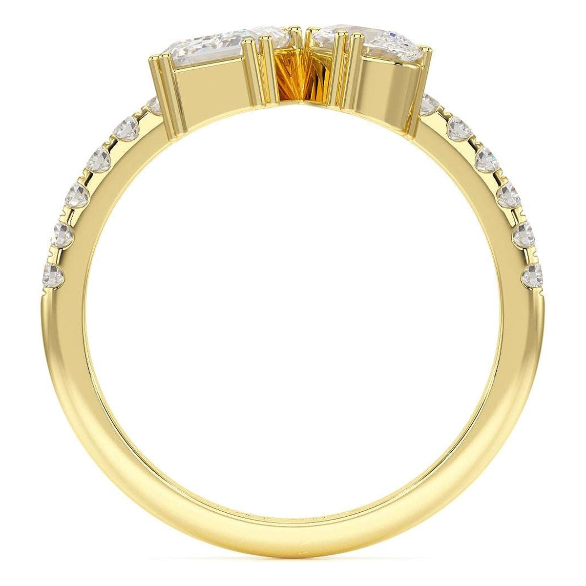 Emerald &amp; Pear Studded Shoulder Toi et Moi Ring in yellow gold
