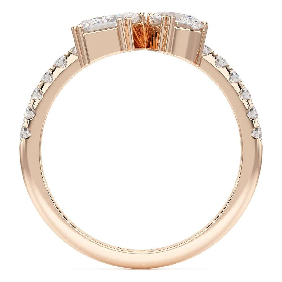 Emerald &amp; Pear Studded Shoulder Toi et Moi Ring in rose gold