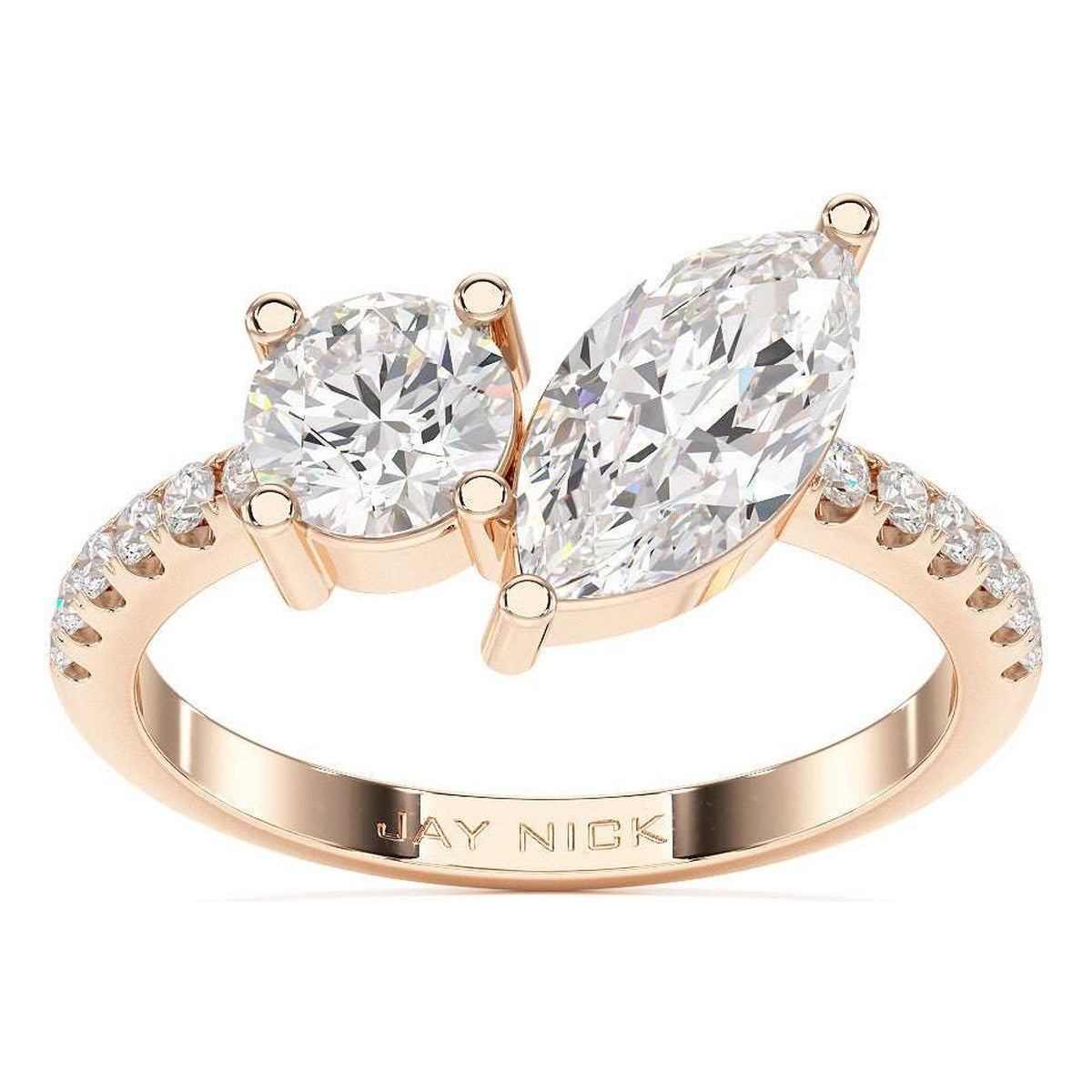 Round &amp; Marquise Studded Shoulder Toi et Moi Ring in rose gold