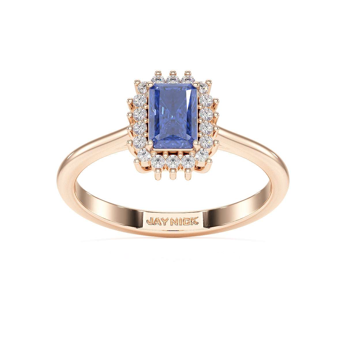 Rectangular Blue Sapphire Sunburst Ring in rose gold