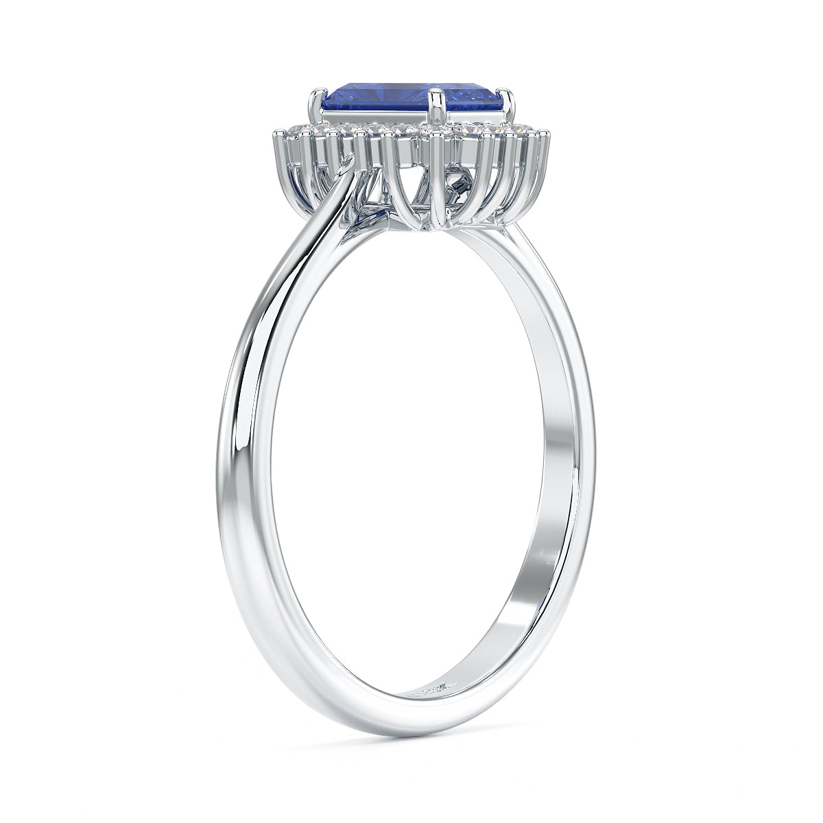 Rectangular Blue Sapphire Sunburst Ring in white gold or platinum