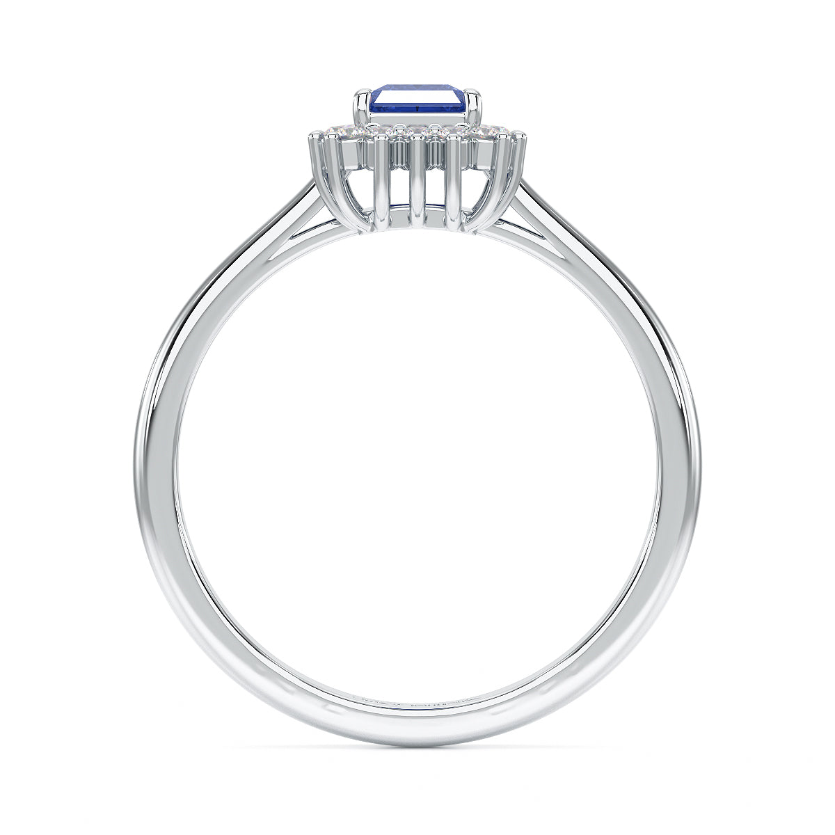 Rectangular Blue Sapphire Sunburst Ring in white gold or platinum