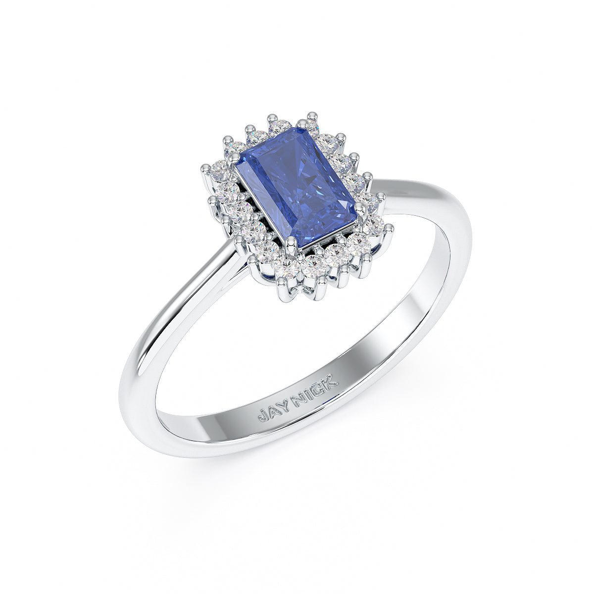 Rectangular Blue Sapphire Sunburst Ring in white gold or platinum