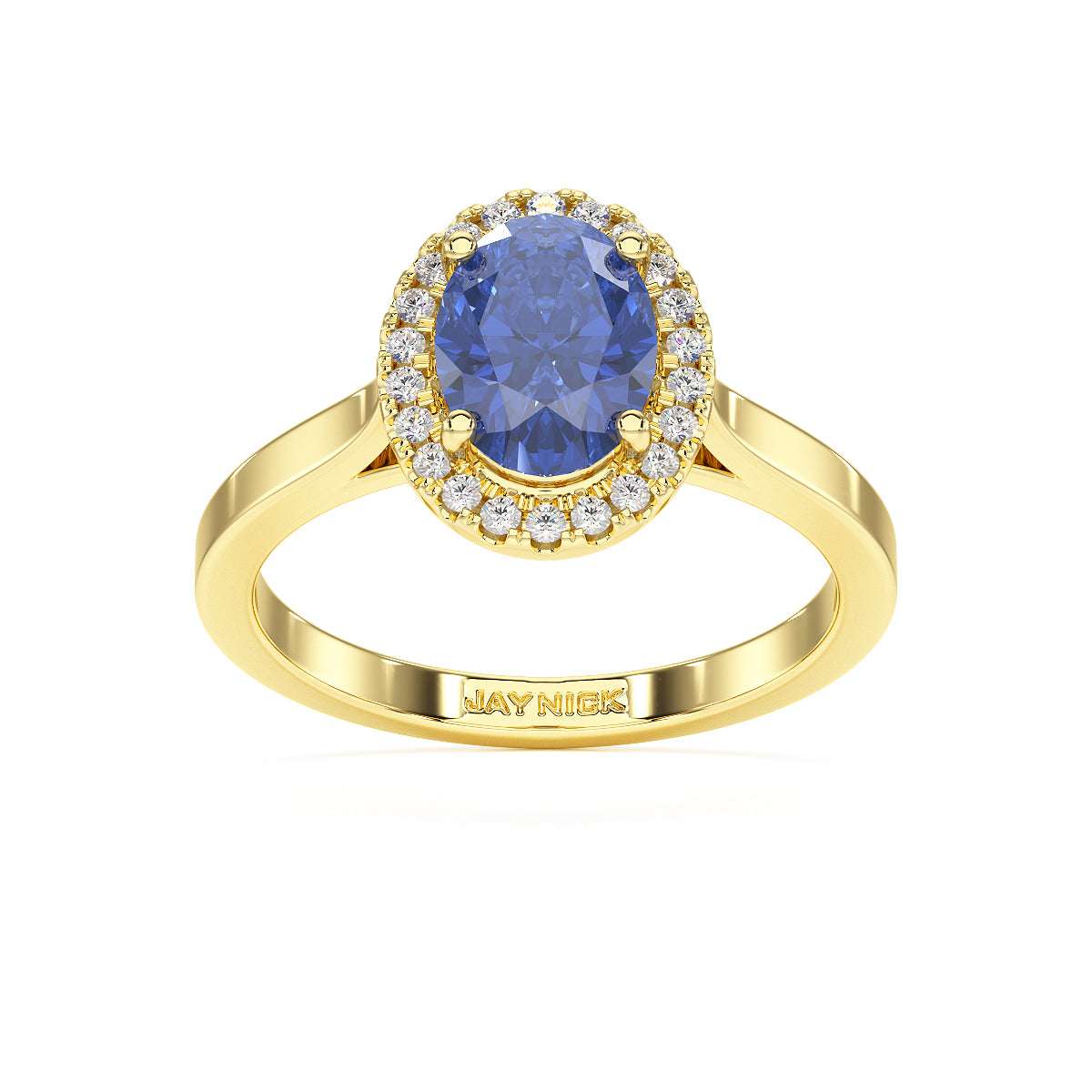 Oval Blue Sapphire Halo Ring in yellow gold