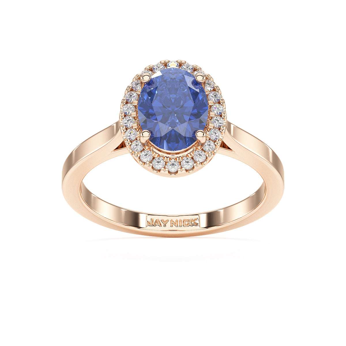 Oval Blue Sapphire Halo Ring in rose gold