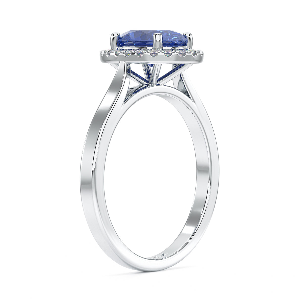 Oval Blue Sapphire Halo Ring in white gold or platinum