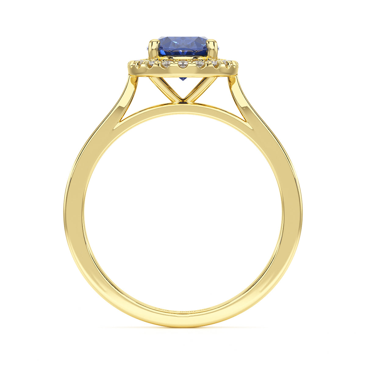 Oval Blue Sapphire Halo Ring in yellow gold