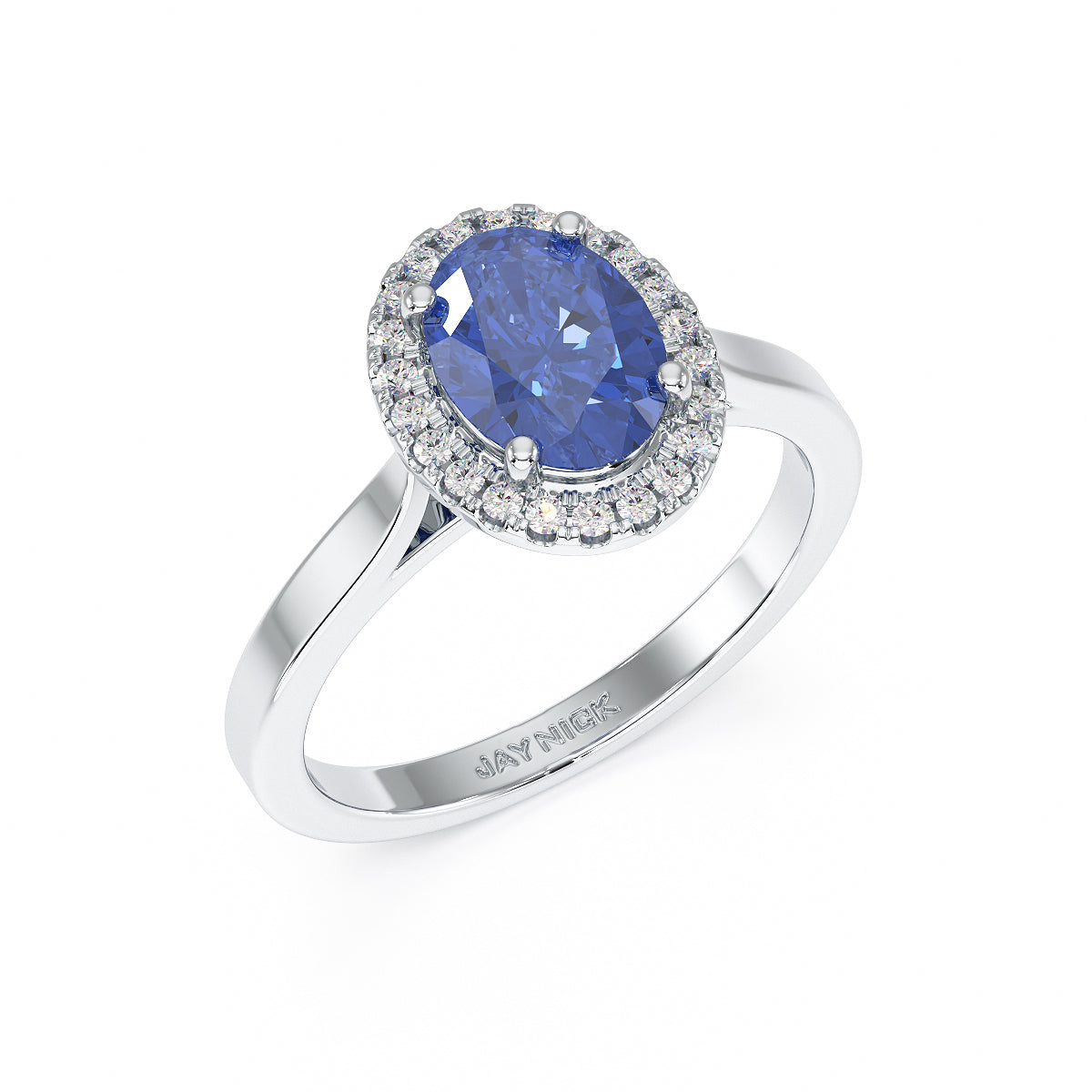 Oval Blue Sapphire Halo Ring in white gold or platinum