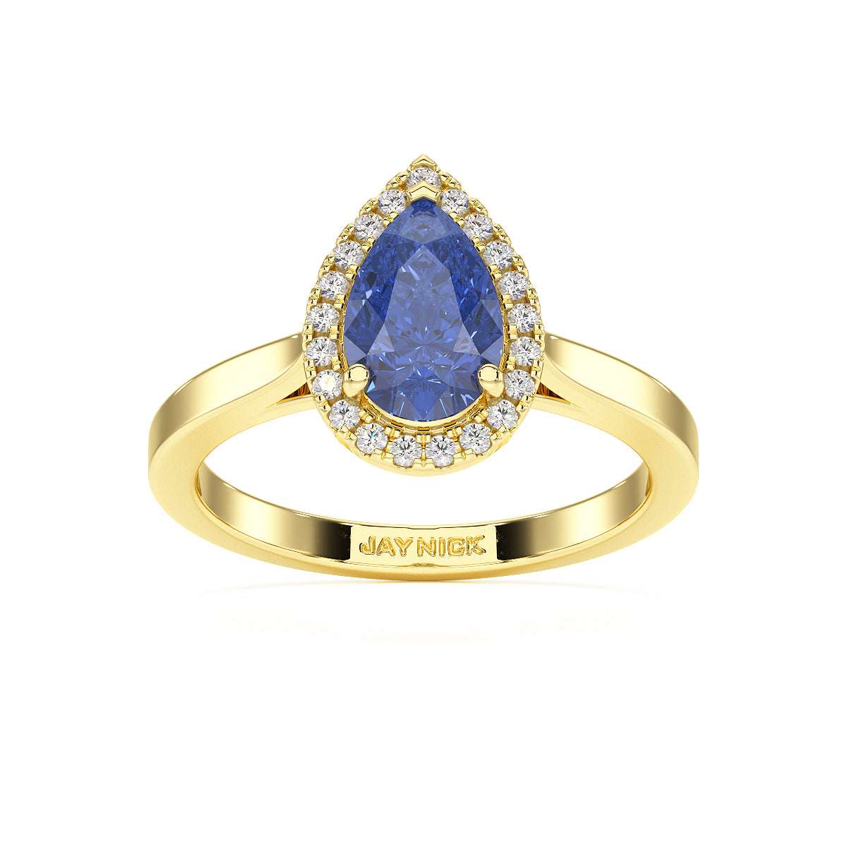 Pear Blue Sapphire Halo Ring in yellow gold