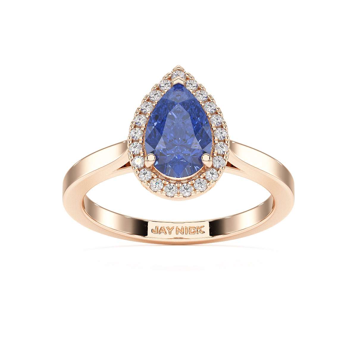 Pear Blue Sapphire Halo Ring in rose gold