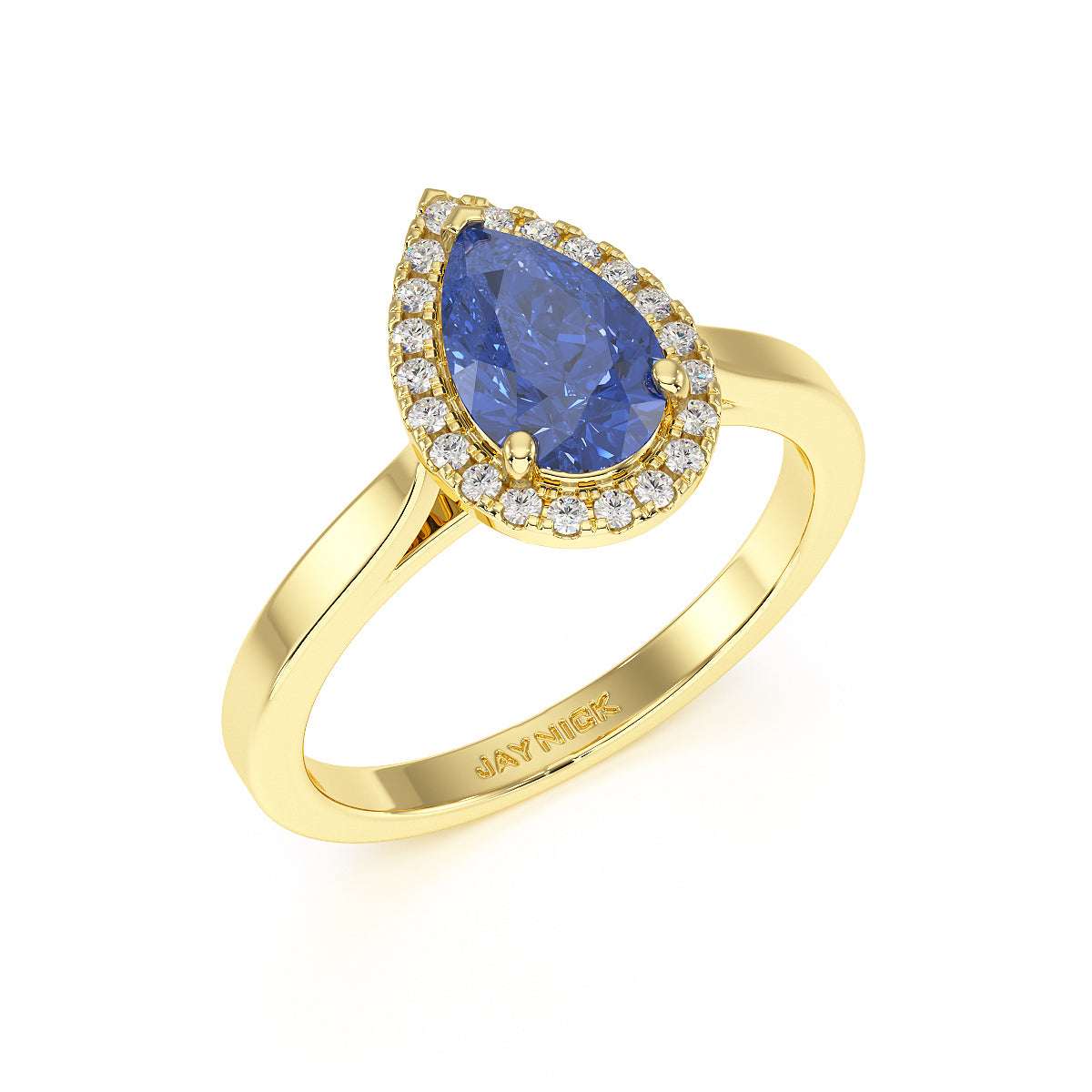 Pear Blue Sapphire Halo Ring in yellow gold