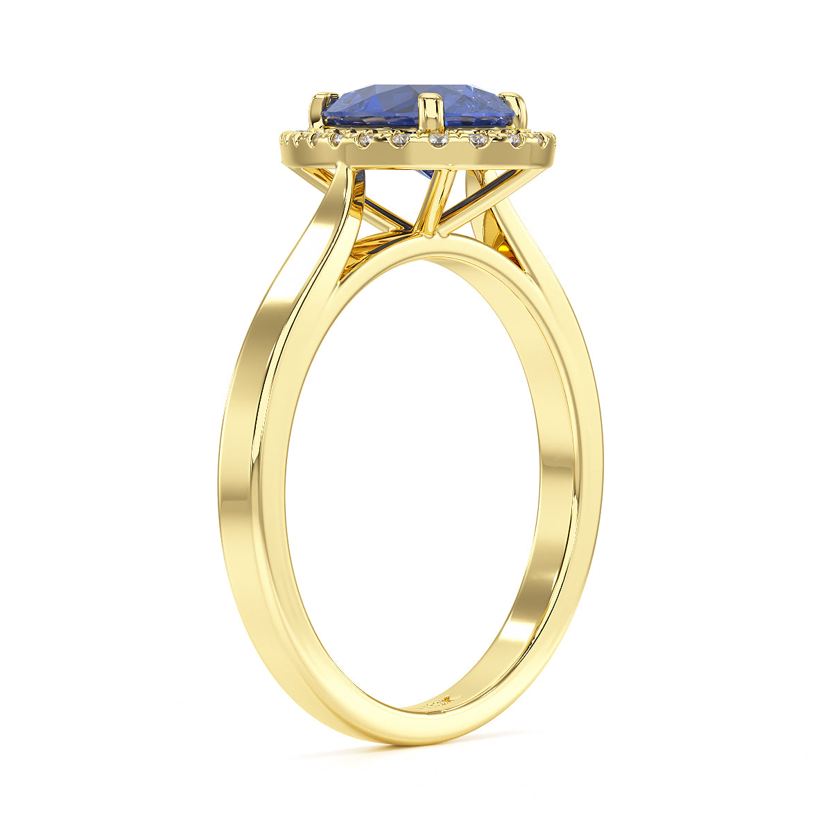 Pear Blue Sapphire Halo Ring in yellow gold