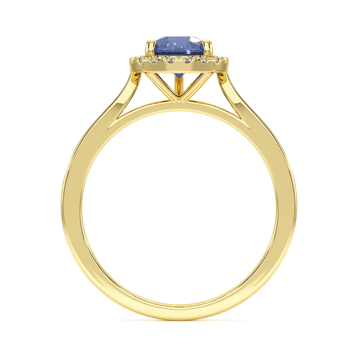 Pear Blue Sapphire Halo Ring in yellow gold