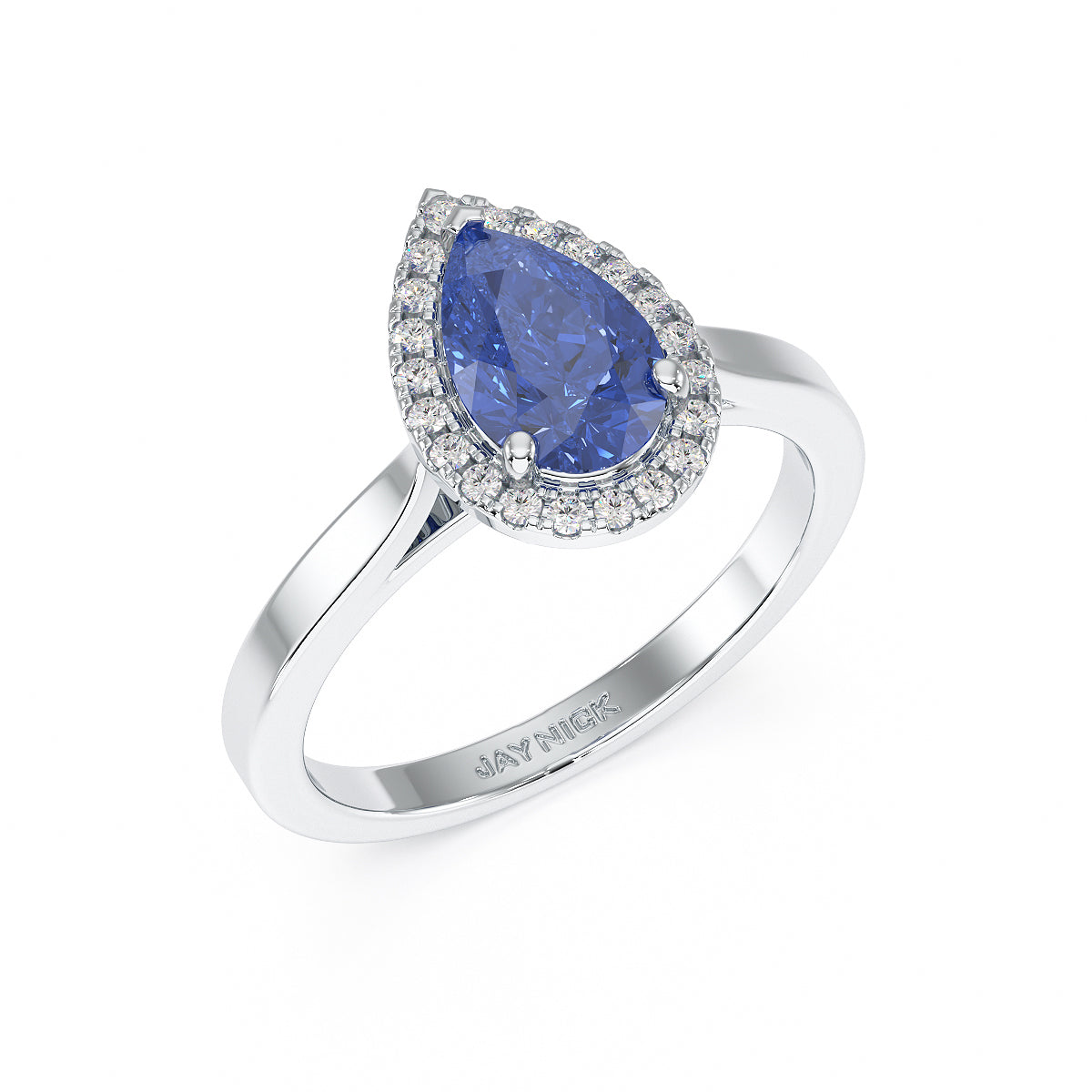 Pear Blue Sapphire Halo Ring in white gold or platinum