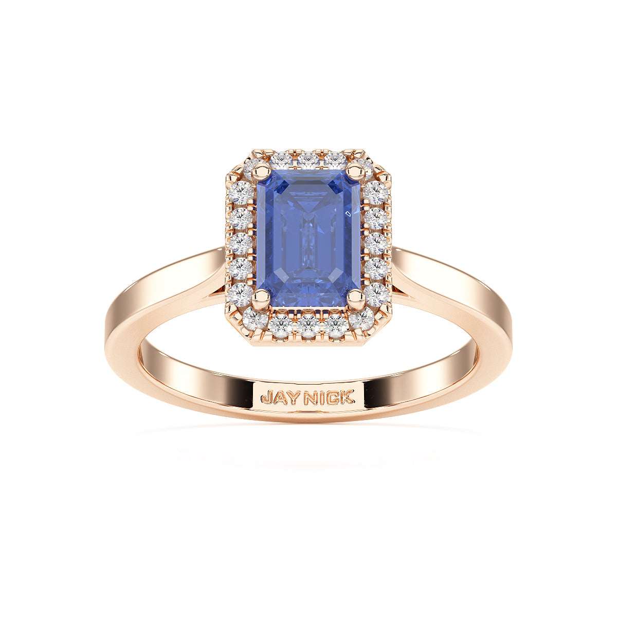 Rectangular Blue Sapphire Halo Ring in rose gold