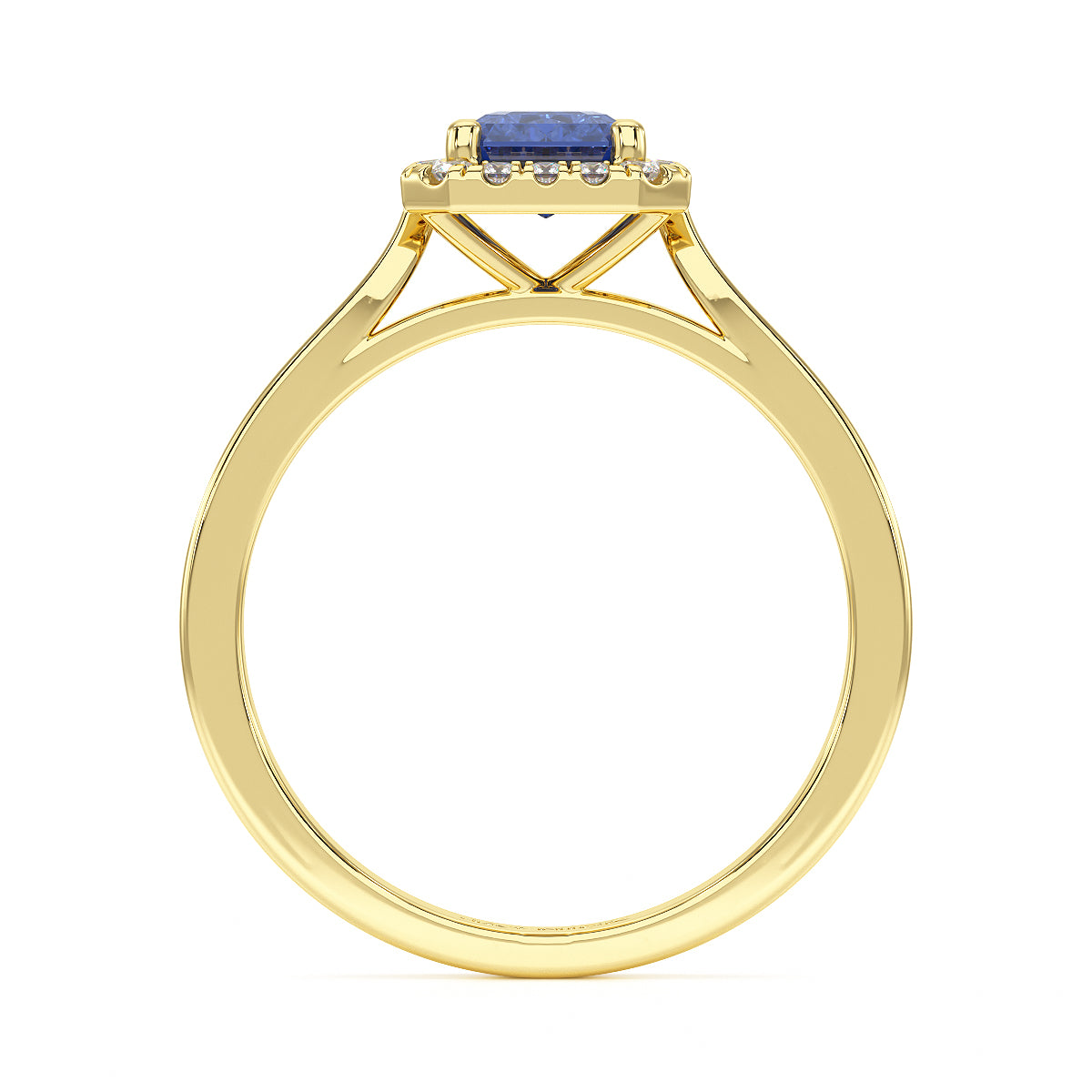 Rectangular Blue Sapphire Halo Ring in yellow gold