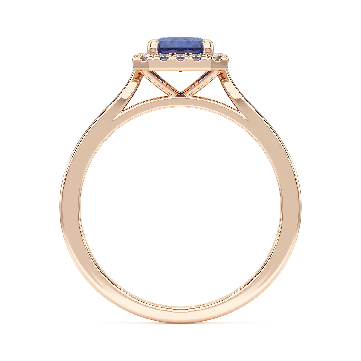Rectangular Blue Sapphire Halo Ring in rose gold