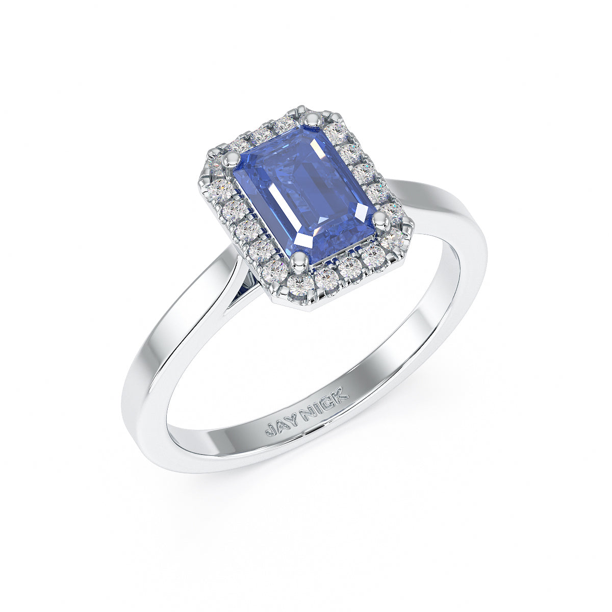 Rectangular Blue Sapphire Halo Ring in white gold or platinum