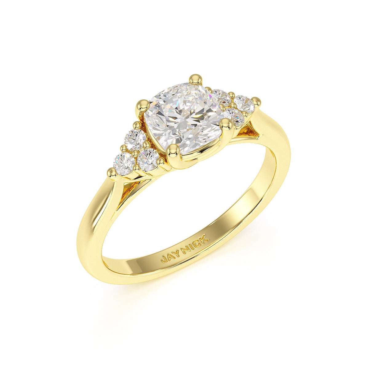 Cushion Cut Trefoil Engagement Ring in yellow gold