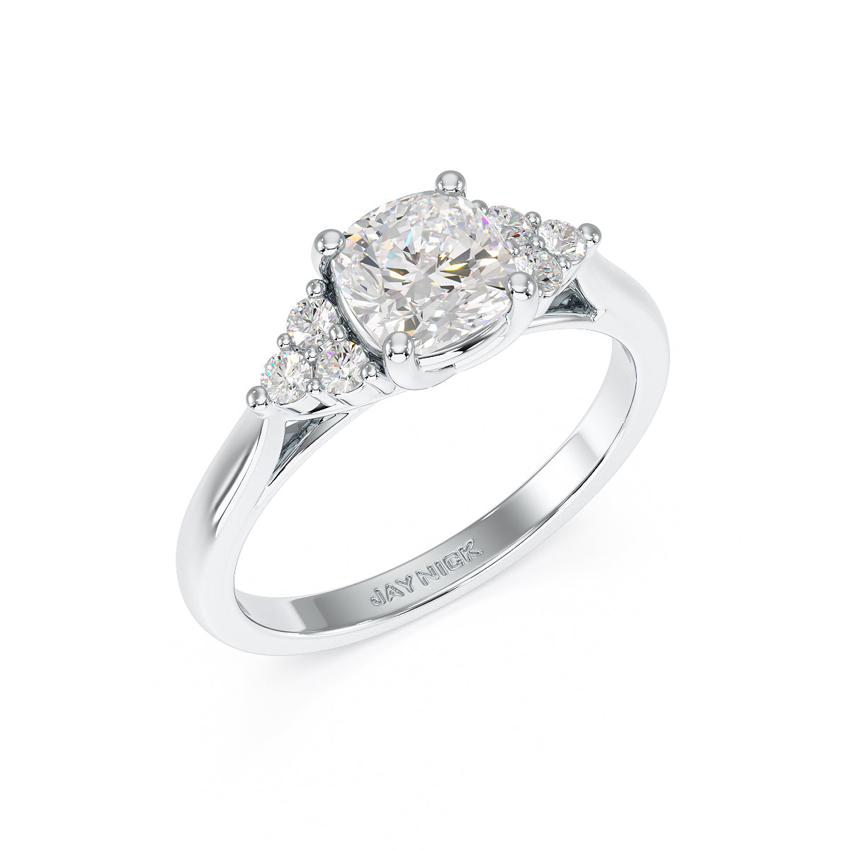 Cushion Cut Trefoil Engagement Ring in white gold or platinum
