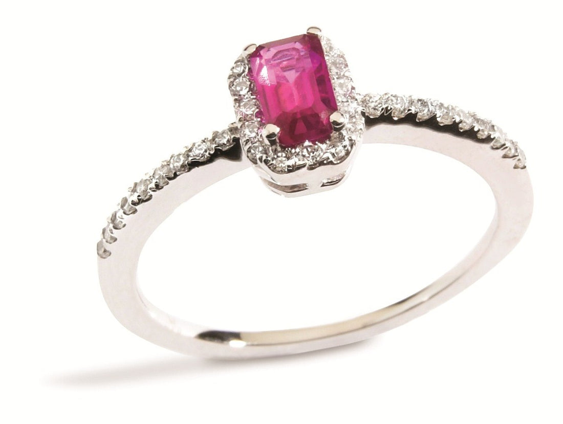 Rectangular Ruby Studded Shoulder Halo Ring in white gold or platinum