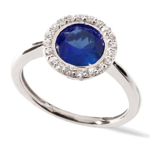 Round Blue Sapphire Halo Ring in white gold or platinum