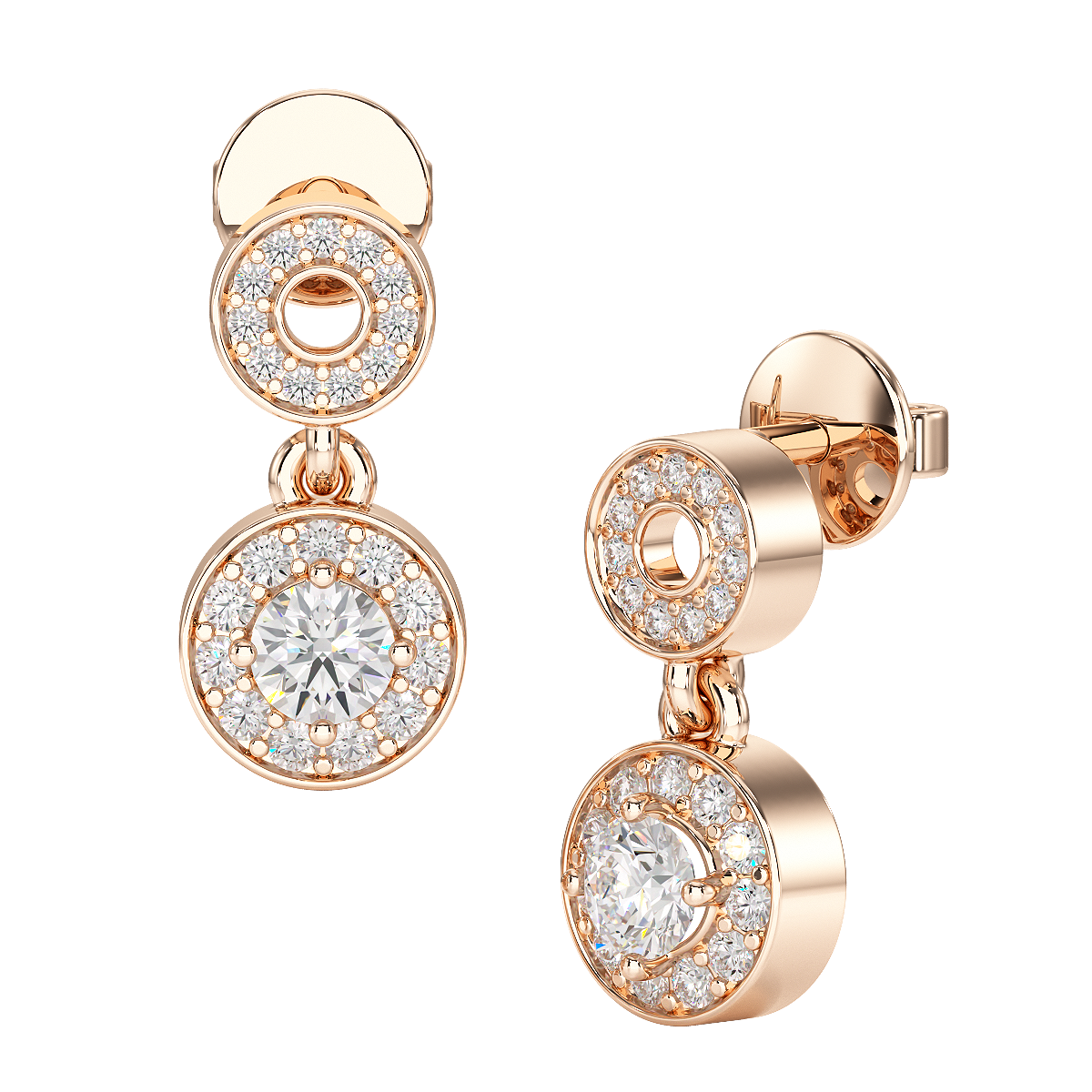 Round Cut Halo Drop Earring in rose gold