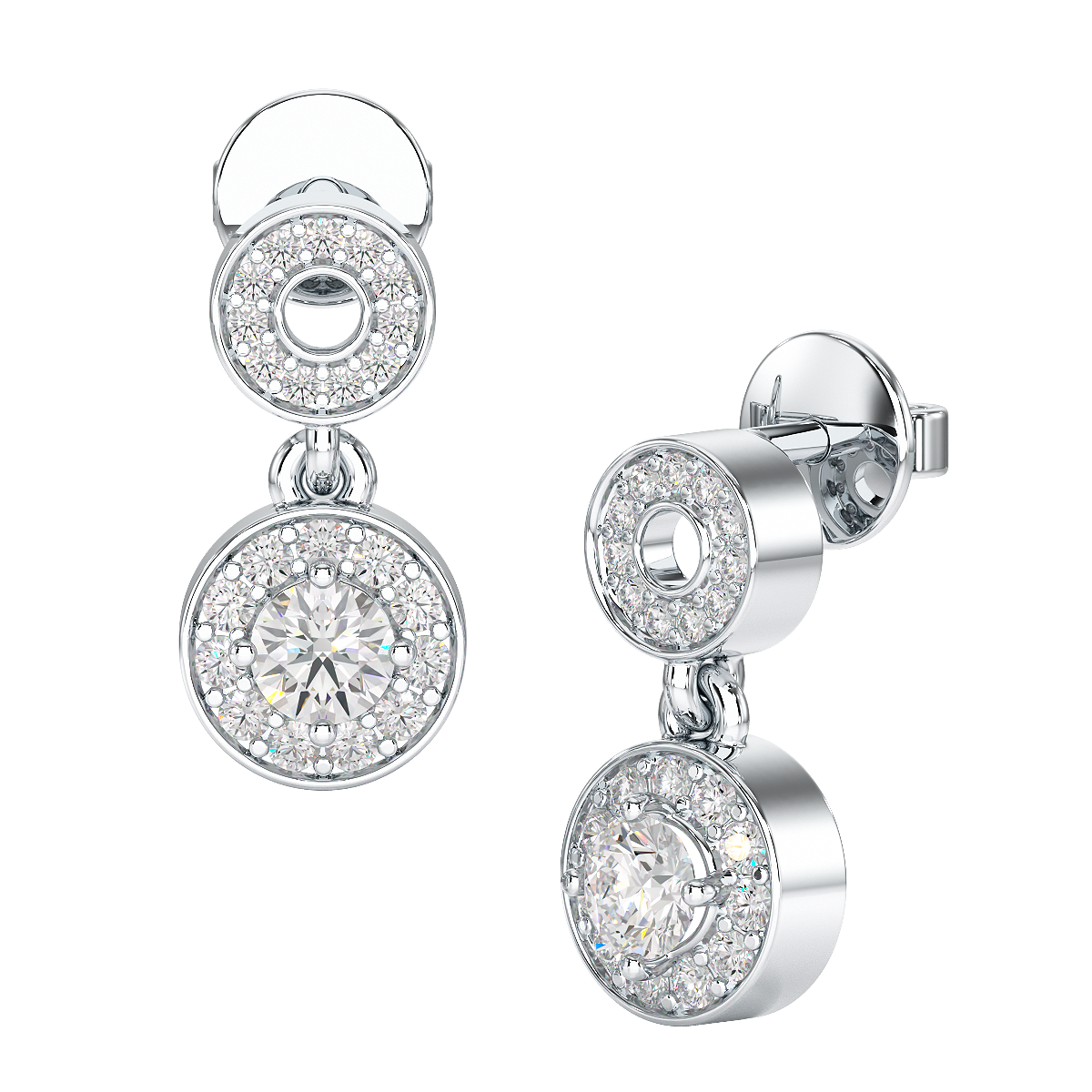 Round Cut Halo Drop Earring in white gold or platinum