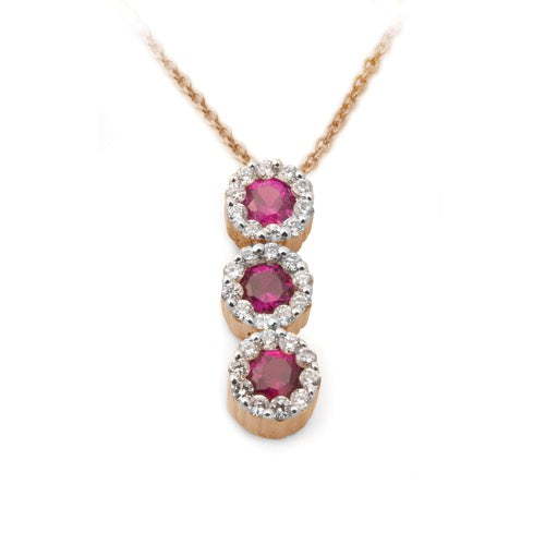 A pendant featuring a graduated journey of brilliant red rubies, each encircled by delicate halos of sparkling diamonds, suspended from a chain.