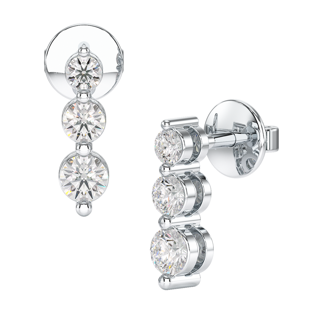 A pair of graduated earrings with three round diamonds, set in a shared claw setting.