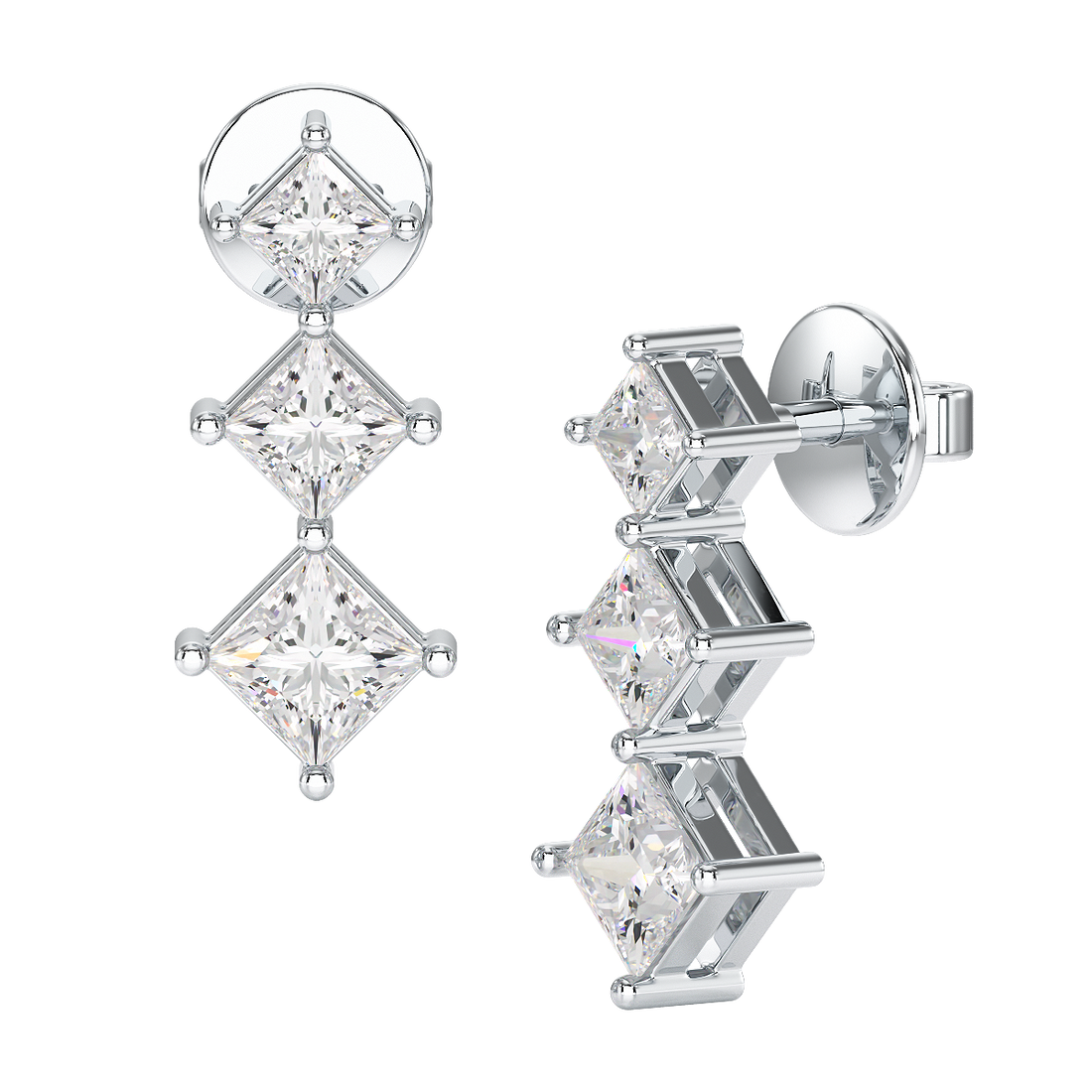 A pair of graduated earrings with claw settings containing princess cut diamonds.
