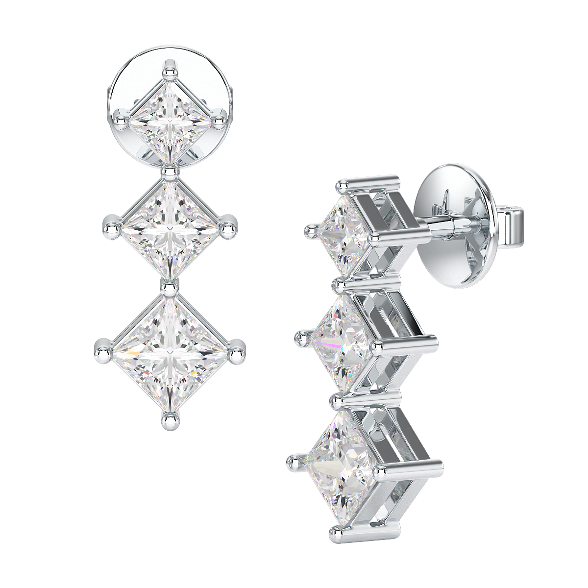 Shared Claw Princess Cut Graduated Earrings in white gold or platinum