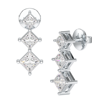 Shared Claw Princess Cut Graduated Earrings in white gold or platinum