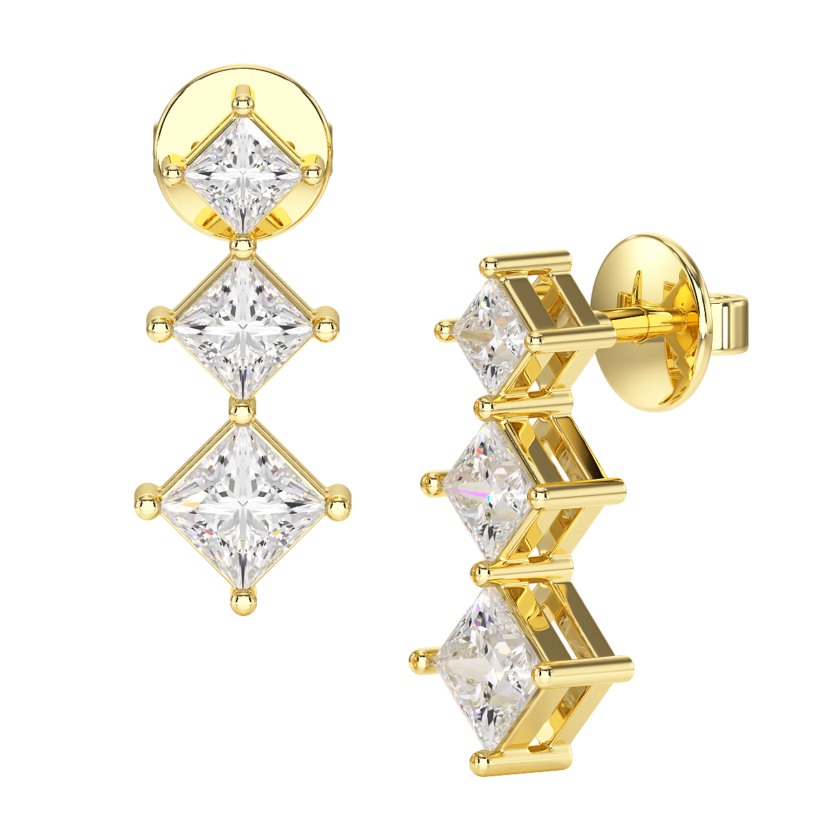 Shared Claw Princess Cut Graduated Earrings in yellow gold
