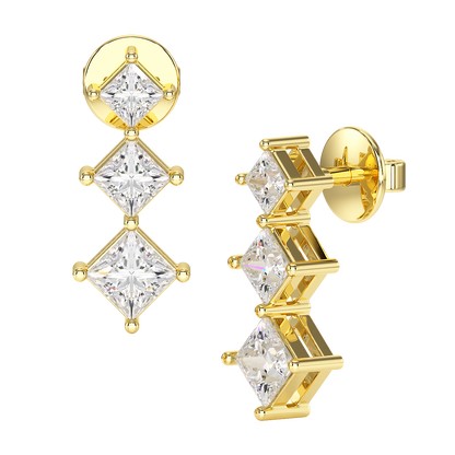 Shared Claw Princess Cut Graduated Earrings in yellow gold