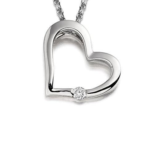A heart-shaped pendant with a single diamond at the bottom, attached to a chain.