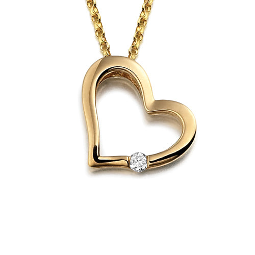 A heart-shaped pendant with a single diamond at the bottom, attached to a chain.
