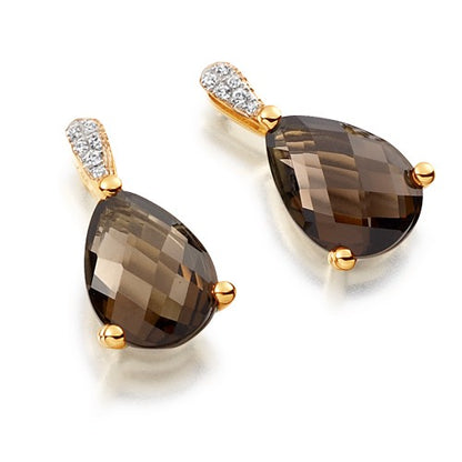 A pair of smoky quartz and diamond drop earrings in rose gold.