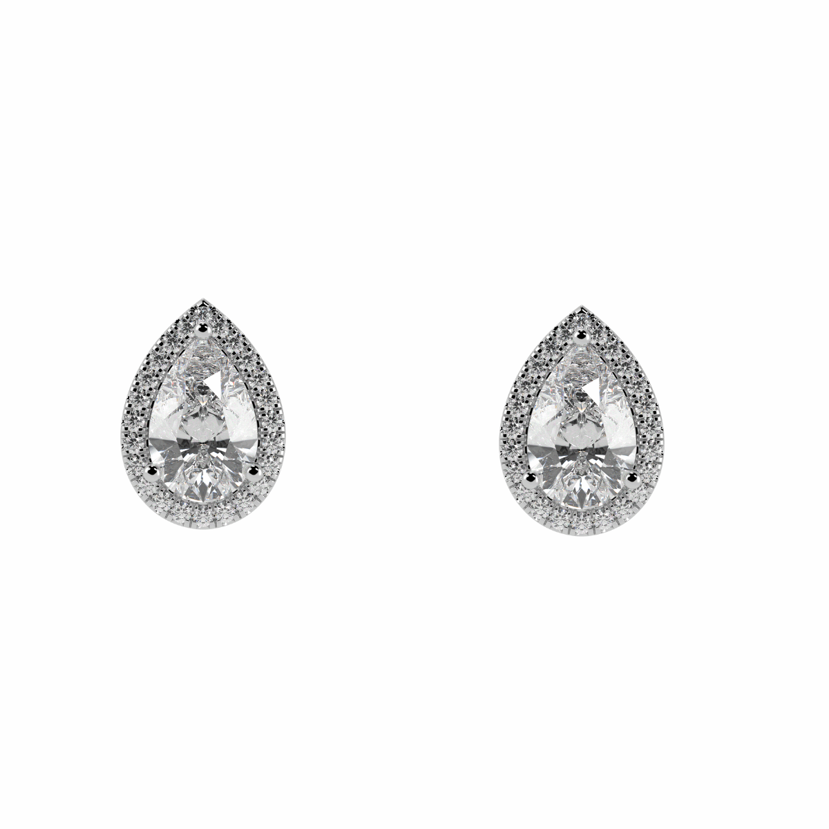 Halo Pear Cut Solitaire Stud Earrings in white gold or platinum