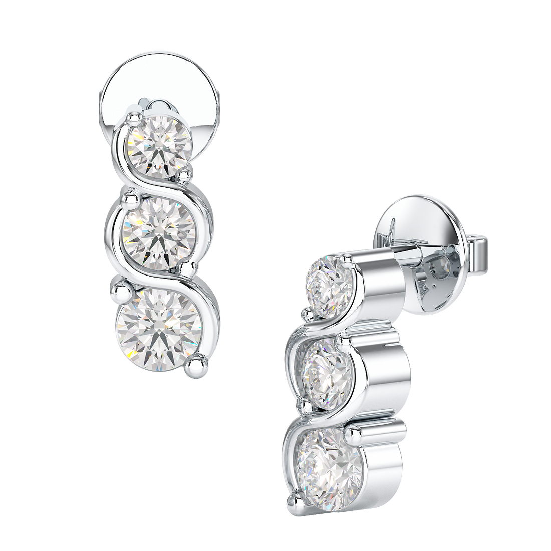 A pair of twist set graduated earrings with round diamonds.