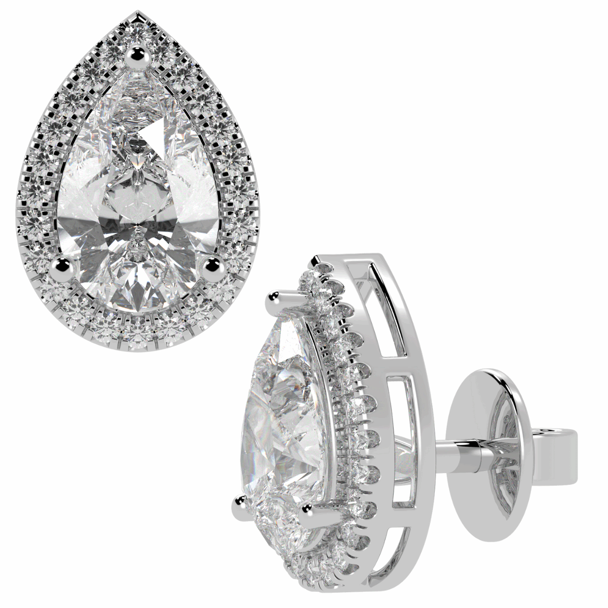 Halo Pear Cut Solitaire Stud Earrings in white gold or platinum