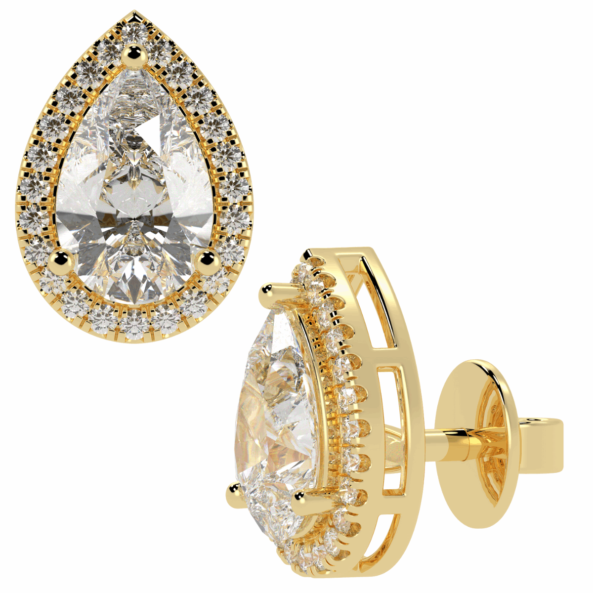 Halo Pear Cut Solitaire Stud Earrings in yellow gold