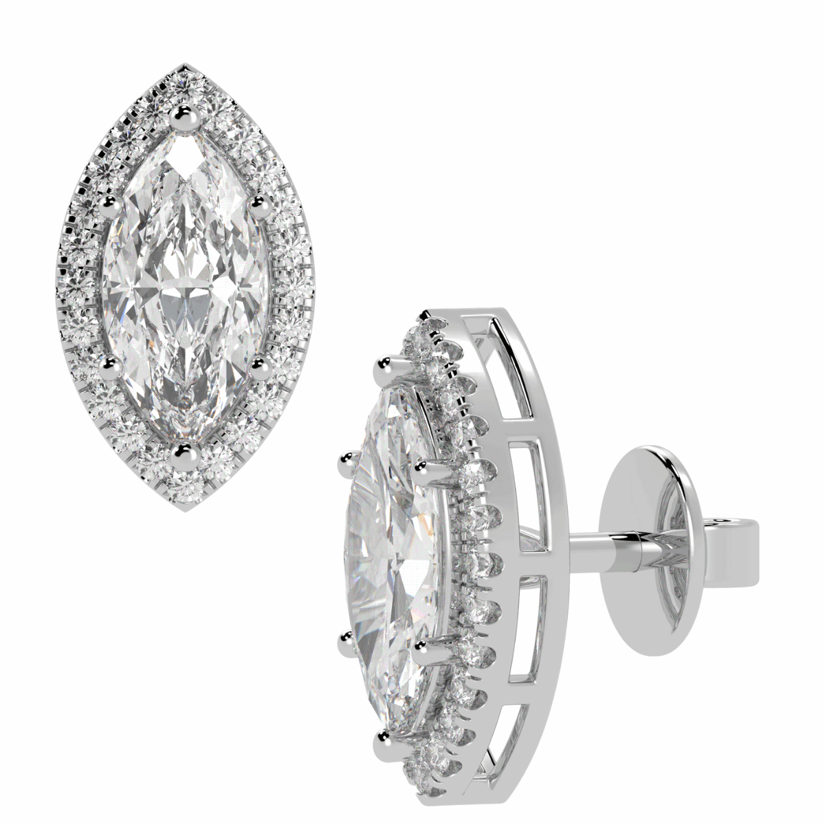 Halo Marquise Cut Solitaire Stud Earrings in white gold or platinum