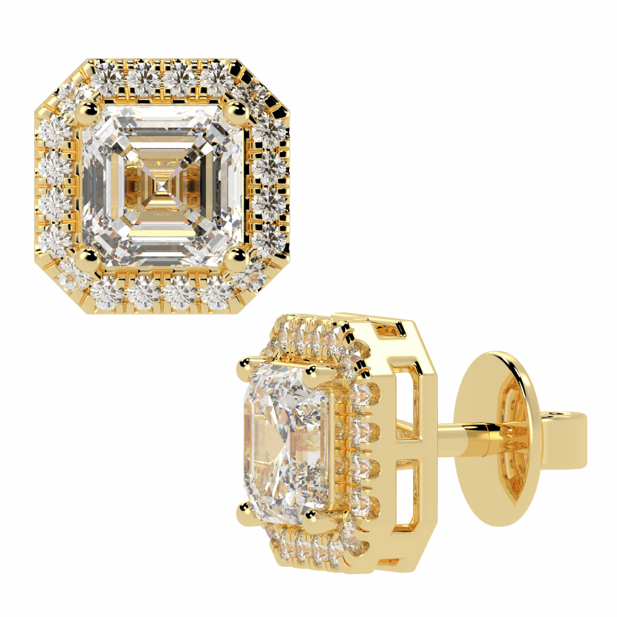 Halo Asscher Cut Solitaire Stud Earrings in yellow gold