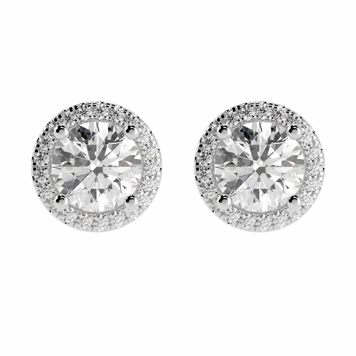 Halo Round Cut Solitaire Stud Earrings in white gold or platinum